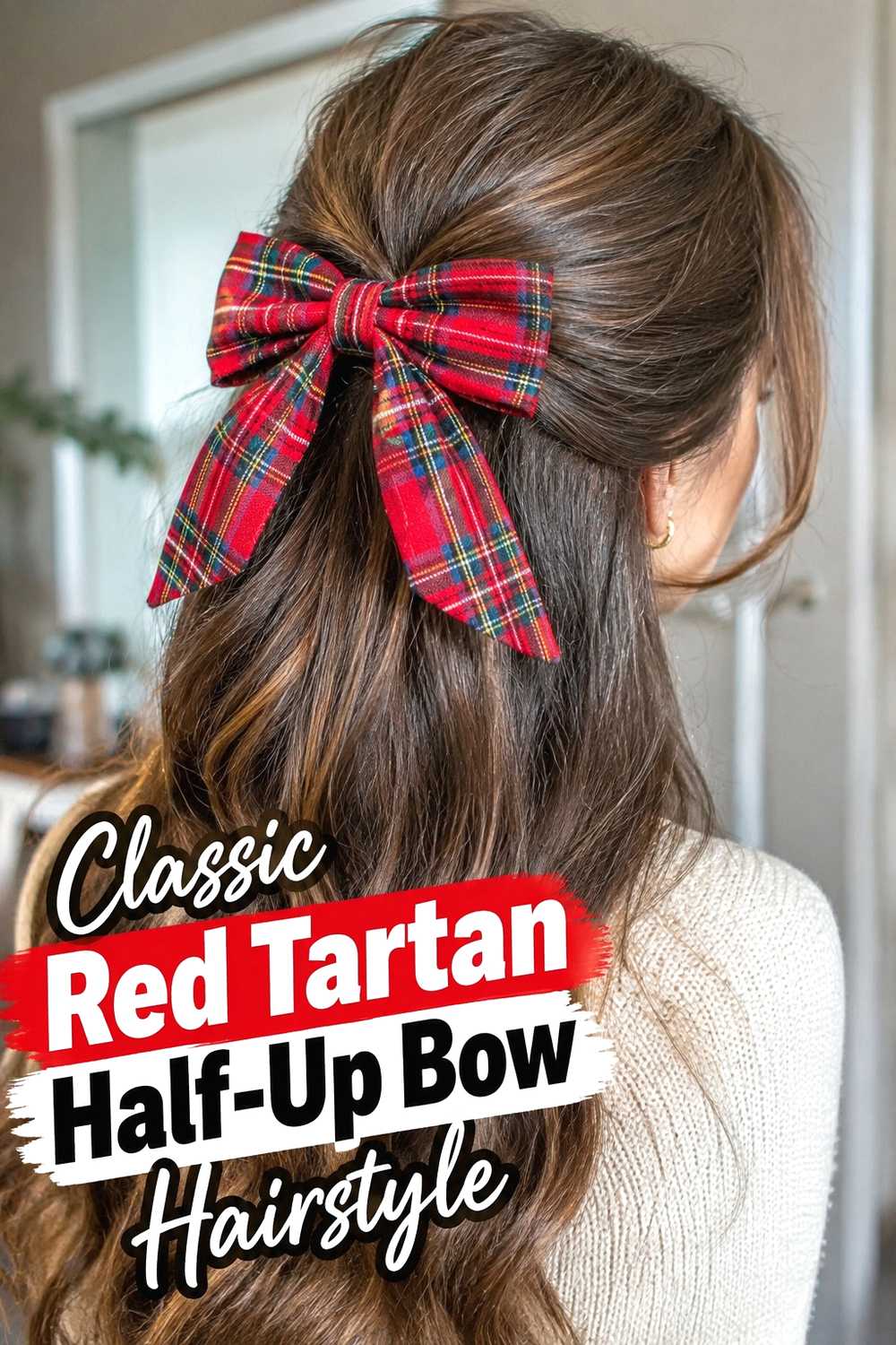 1. Classic Red Tartan Half Up Bow Hairstyle