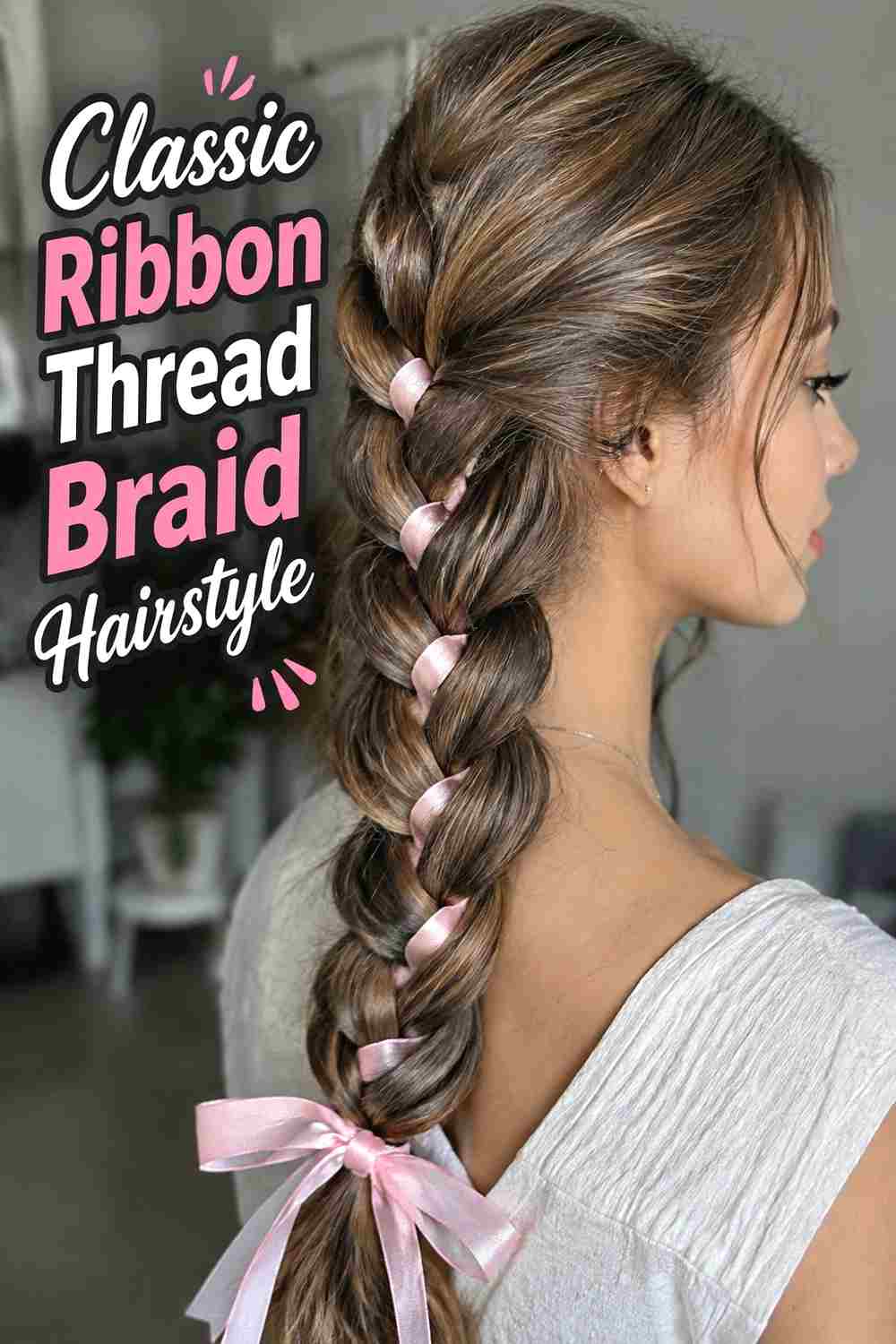 1. Classic Ribbon Thread Braid Hairstyle