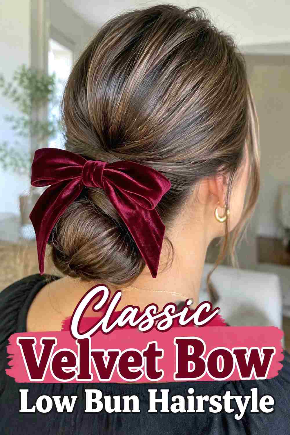1. Classic Velvet Bow Low Bun Hairstyle