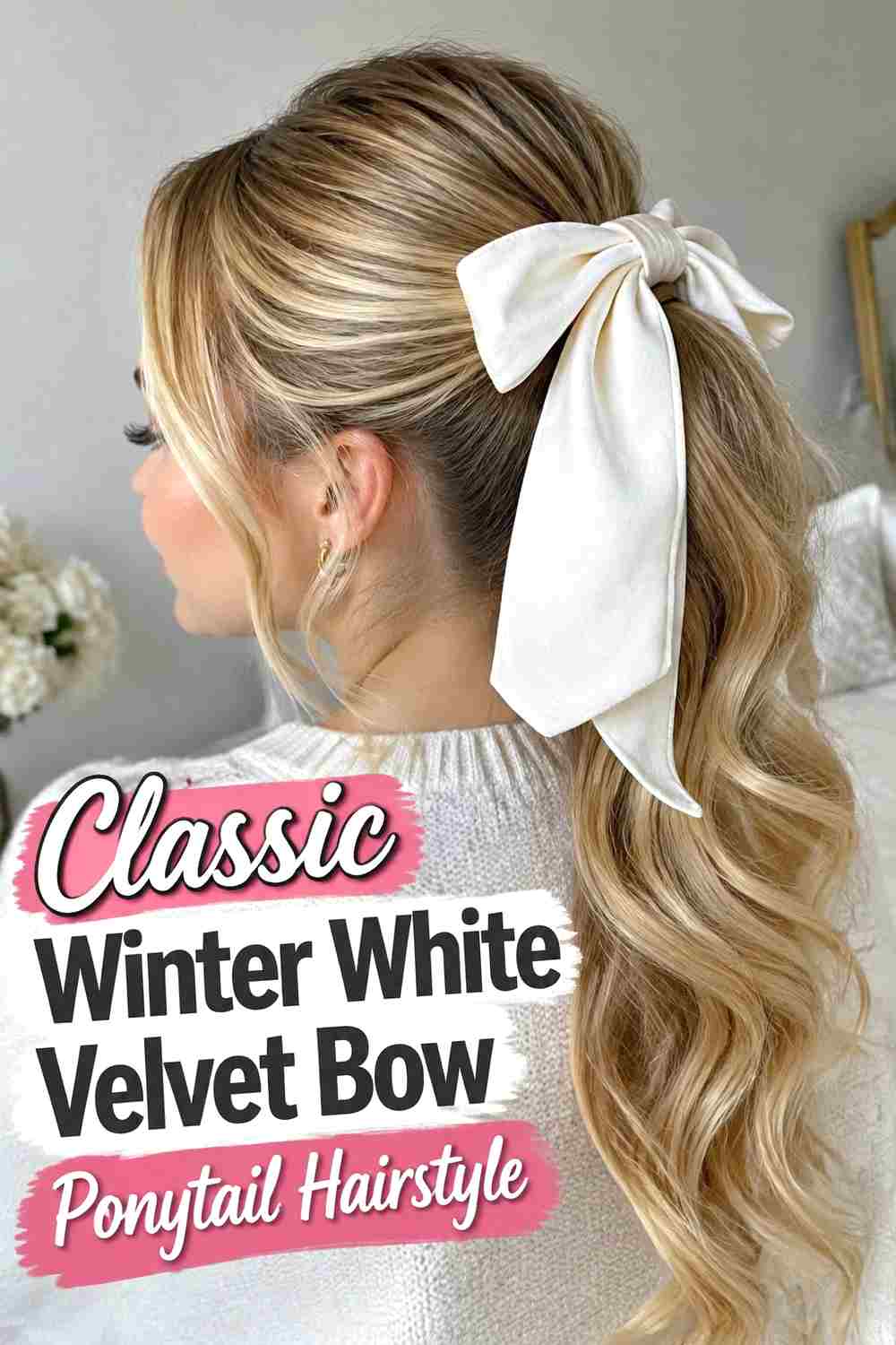 1. Classic Winter White Velvet Bow Ponytail Hairstyle