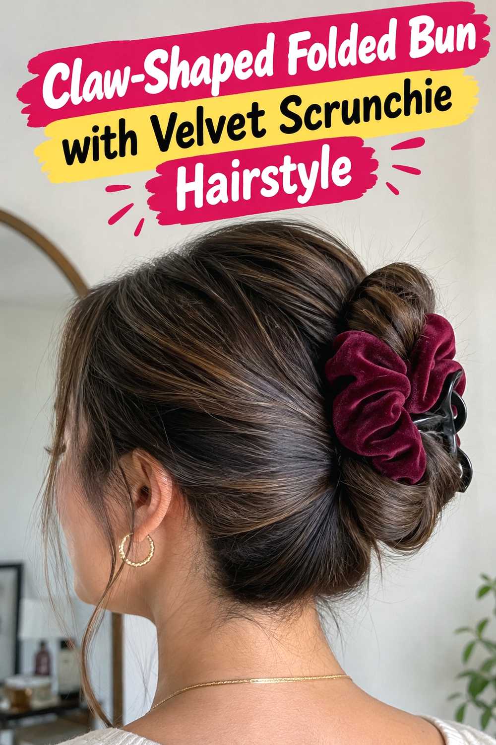 15. Claw Shaped Folded Bun With Velvet Scrunchie Hairstyle