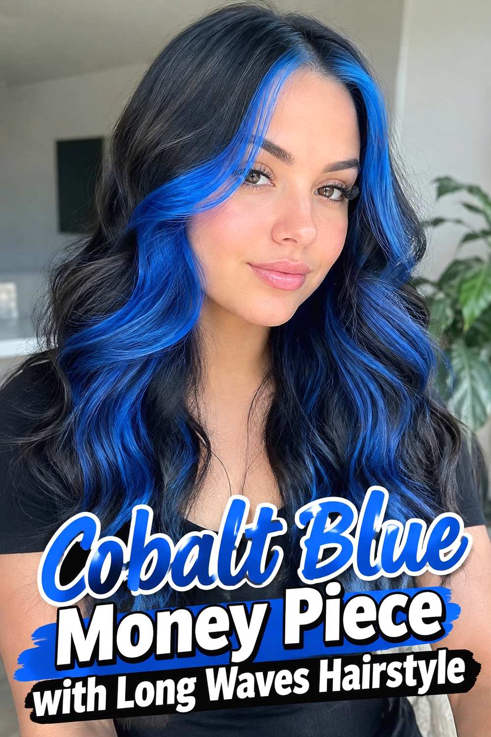 3. Cobalt Blue Money Piece With Long Waves Hairstyle