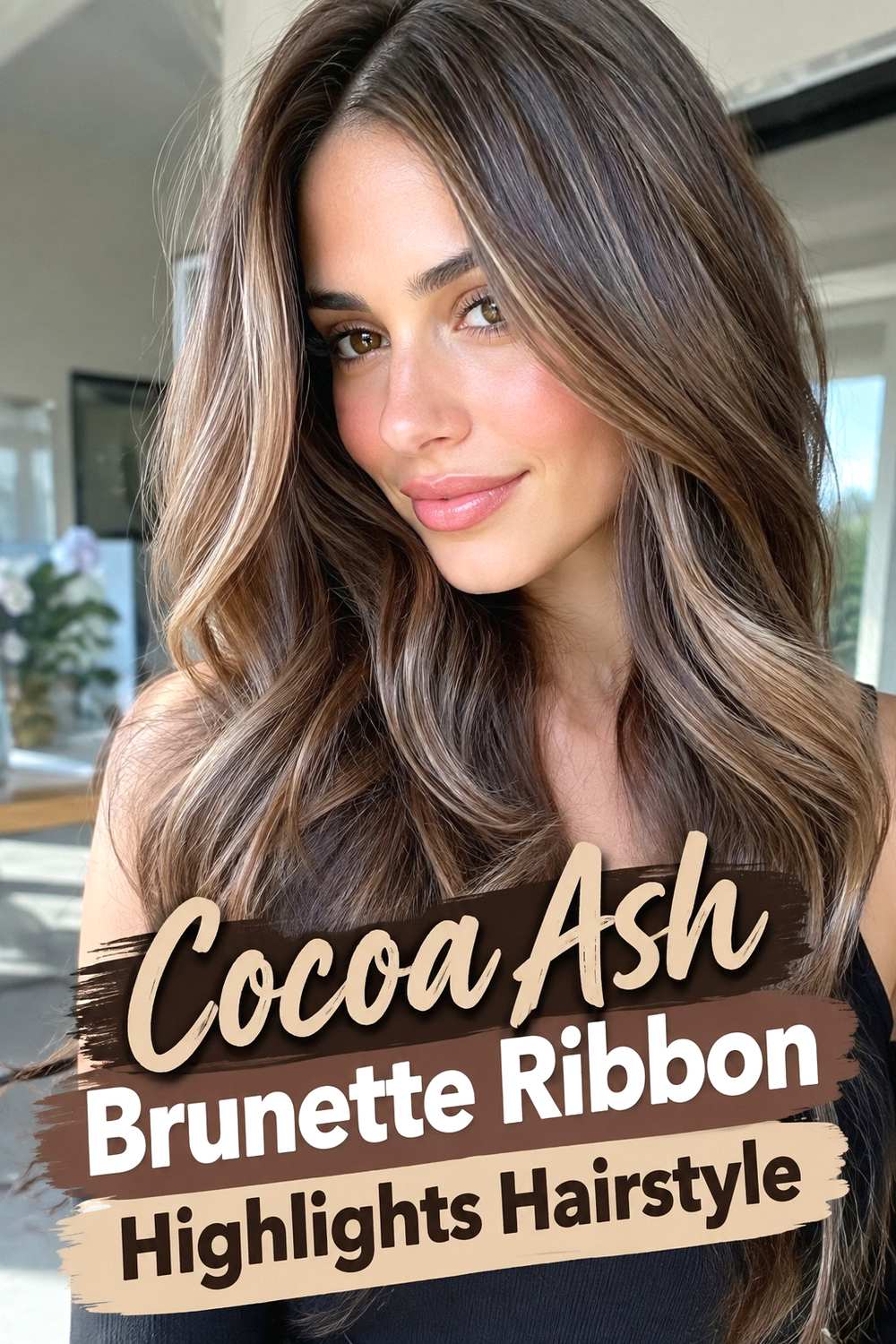 9. Cocoa Ash Brunette Ribbon Highlights Hairstyle