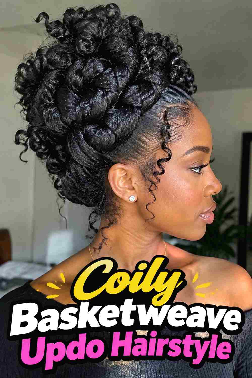 12. Coily Basketweave Updo Hairstyle
