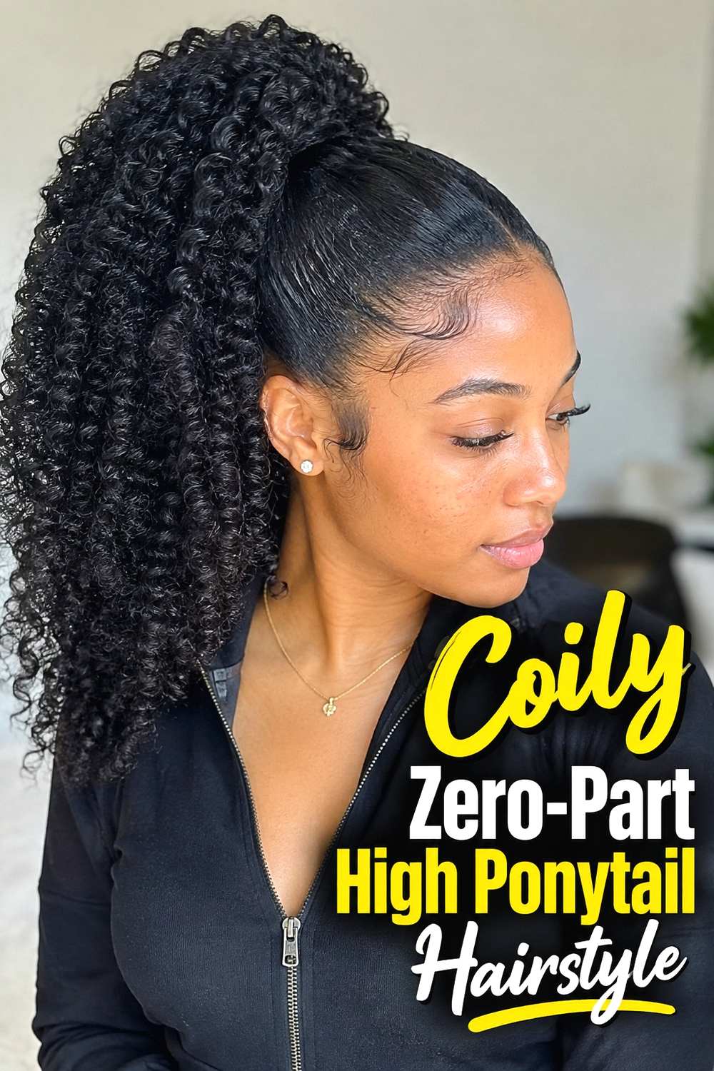 6. Coily Zero Part High Ponytail Hairstyle