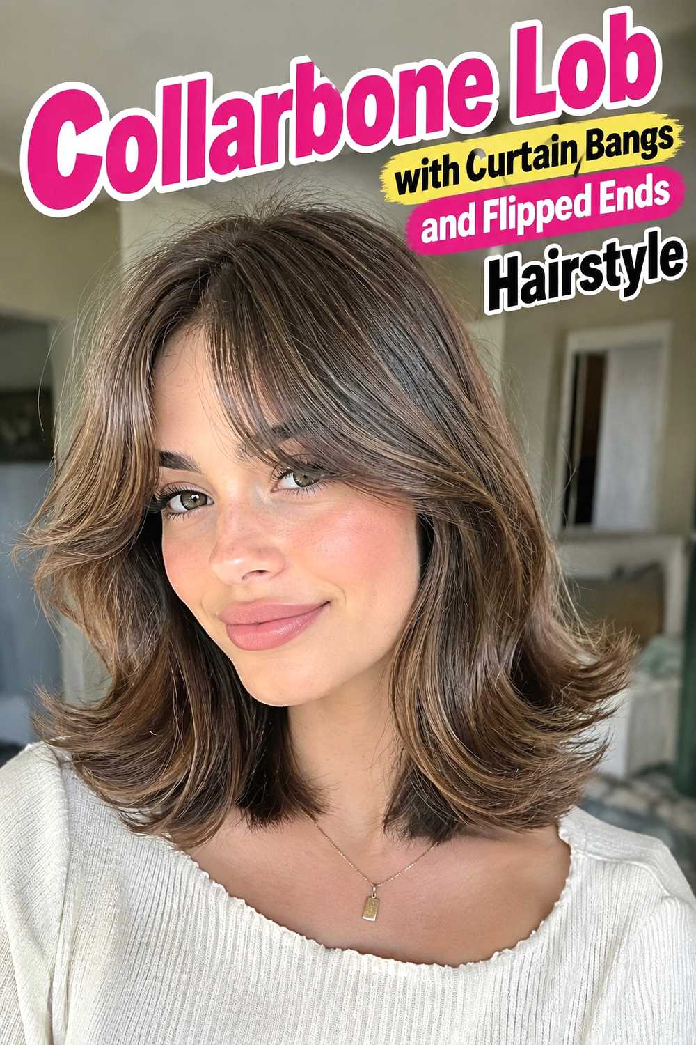 5. Collarbone Lob With Curtain Bangs And Flipped Ends Hairstyle