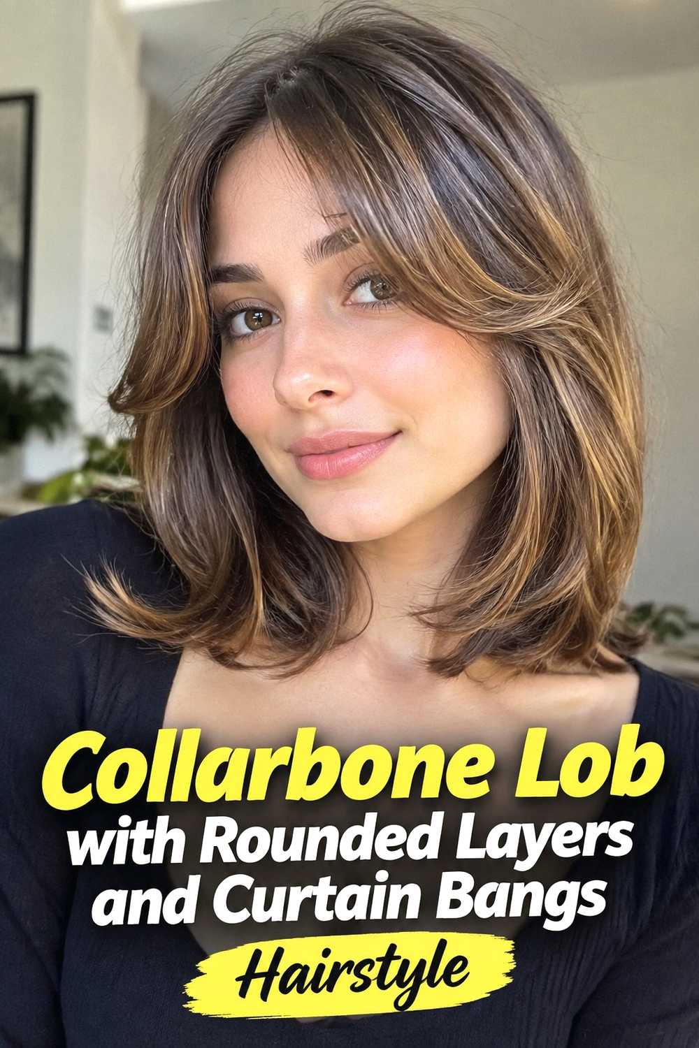 8. Collarbone Lob With Rounded Layers And Curtain Bangs Hairstyle