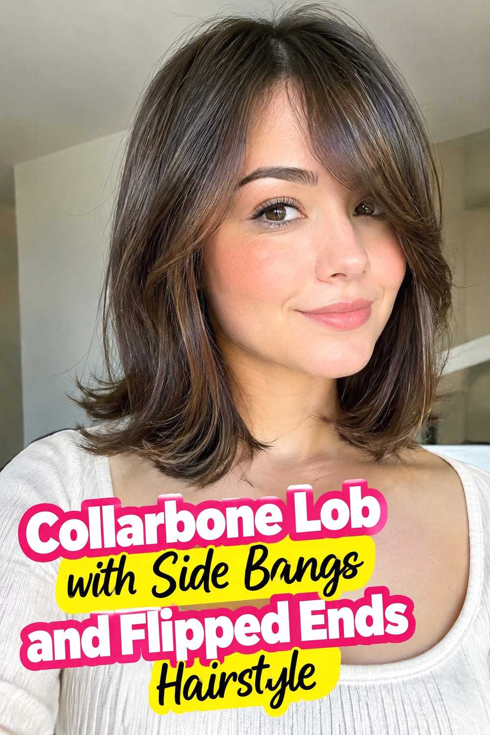 6. Collarbone Lob With Side Bangs And Flipped Ends Hairstyle