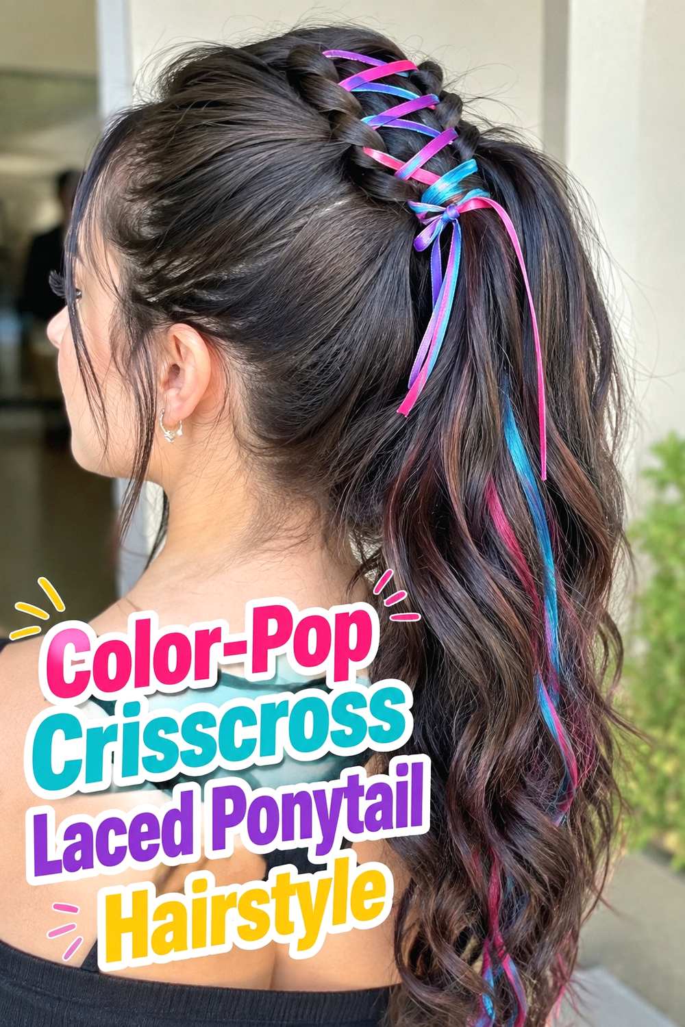 12. Color Pop Crisscross Laced Ponytail Hairstyle