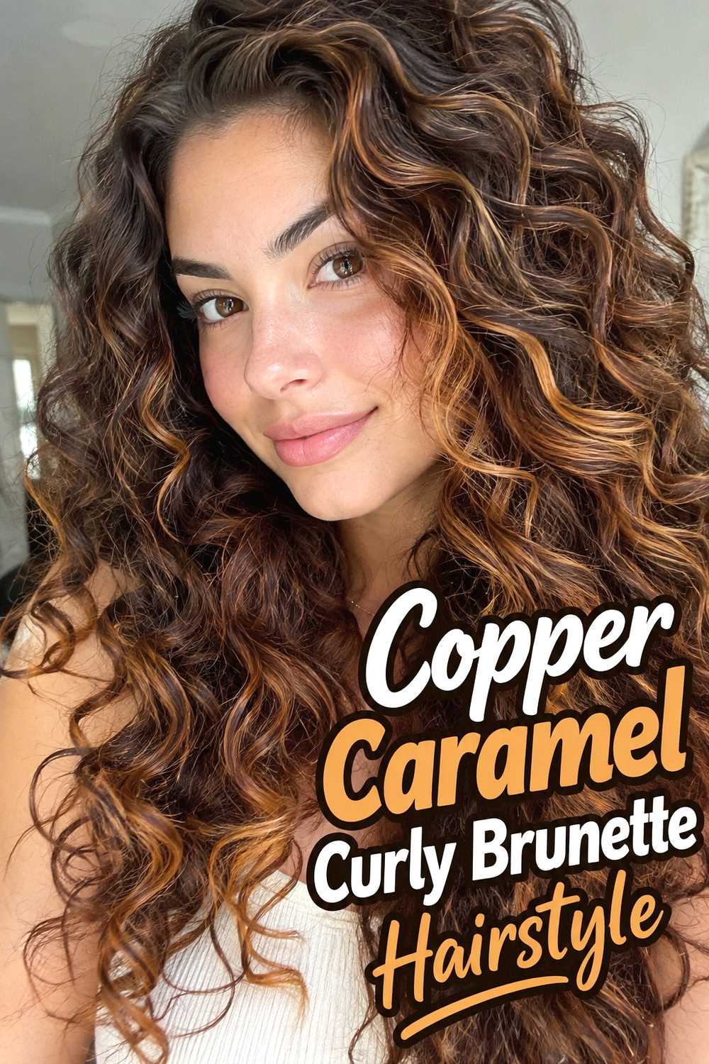 13. Copper Caramel Curly Brunette Hairstyle