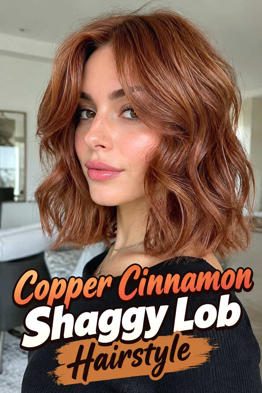 Copper Cinnamon Shaggy Lob Hairstyle
