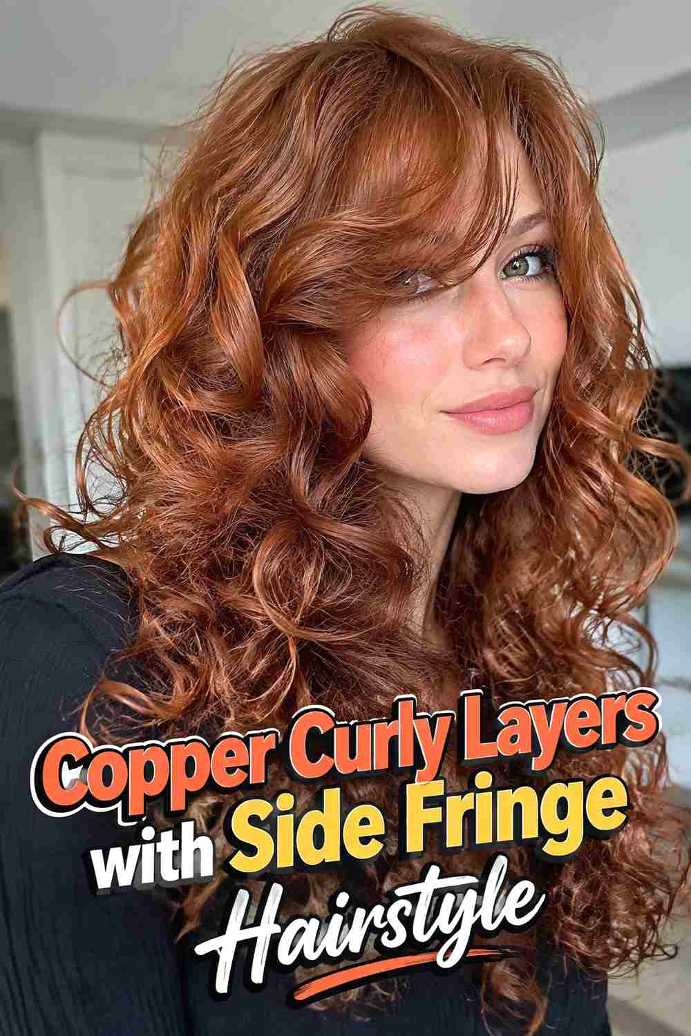 15. Copper Curly Layers With Side Fringe Hairstyle