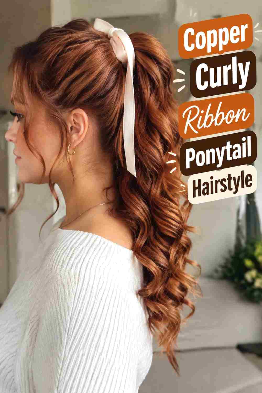 15. Copper Curly Ribbon Ponytail Hairstyle