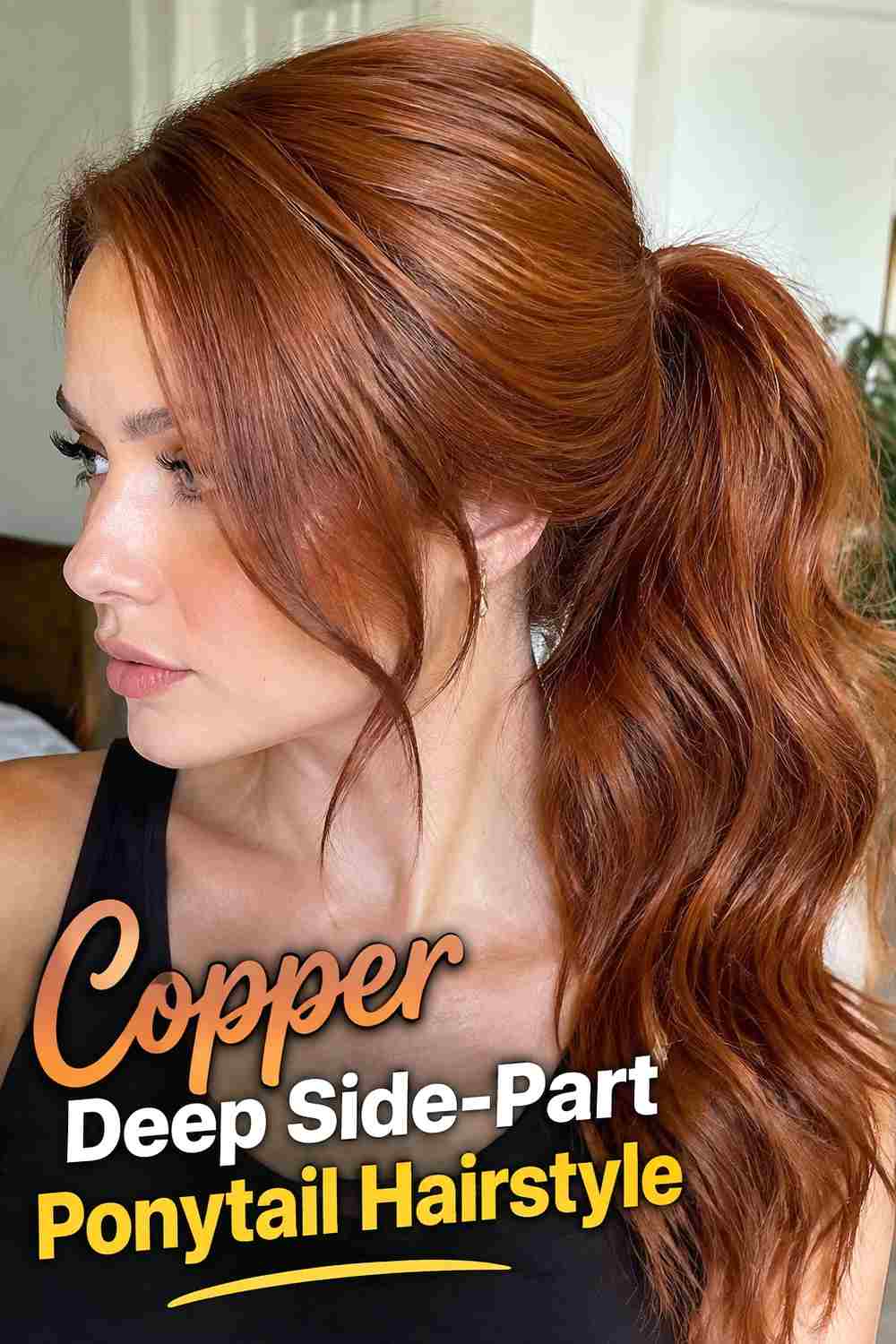 18. Copper Deep Side Part Ponytail Hairstyle