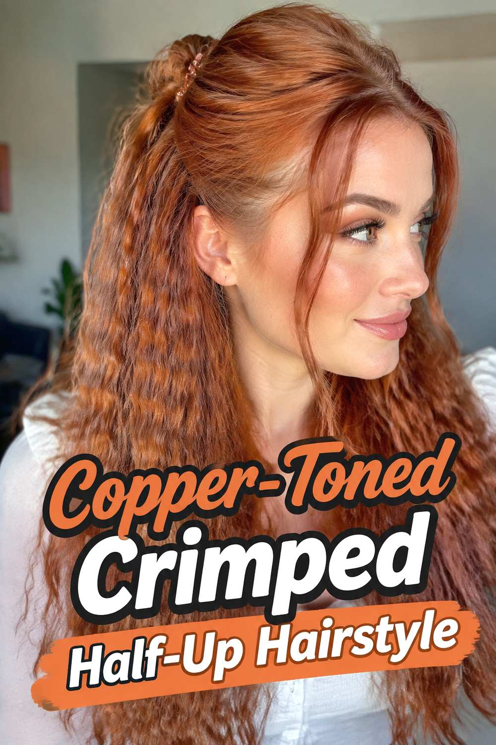 Copper-Toned Crimped Half-Up Hairstyle
