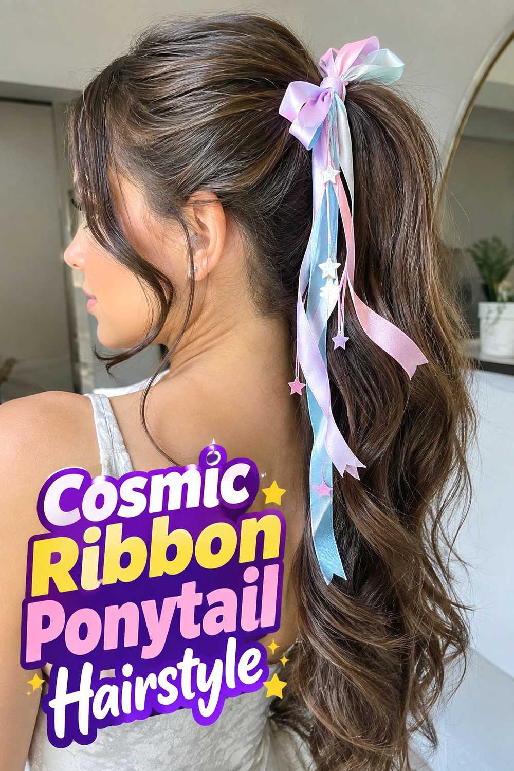 4. Cosmic Ribbon Ponytail Hairstyle