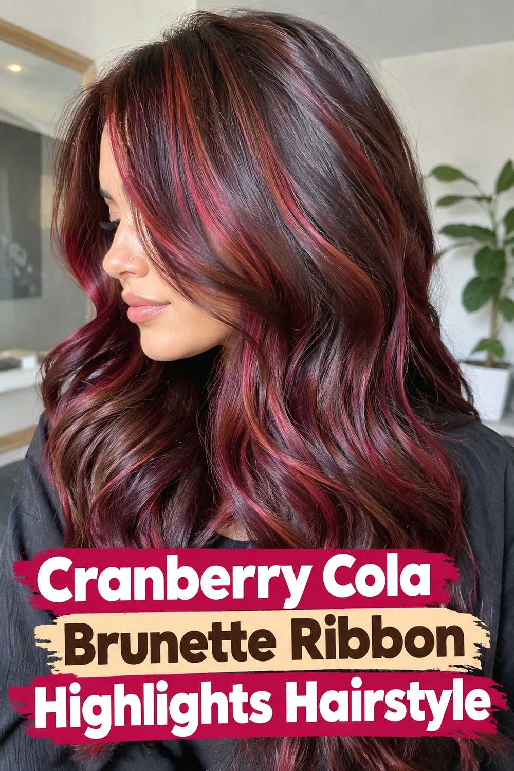 7. Cranberry Cola Brunette Ribbon Highlights Hairstyle