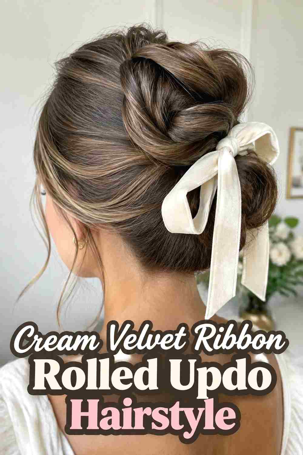 11. Cream Velvet Ribbon Rolled Updo Hairstyle