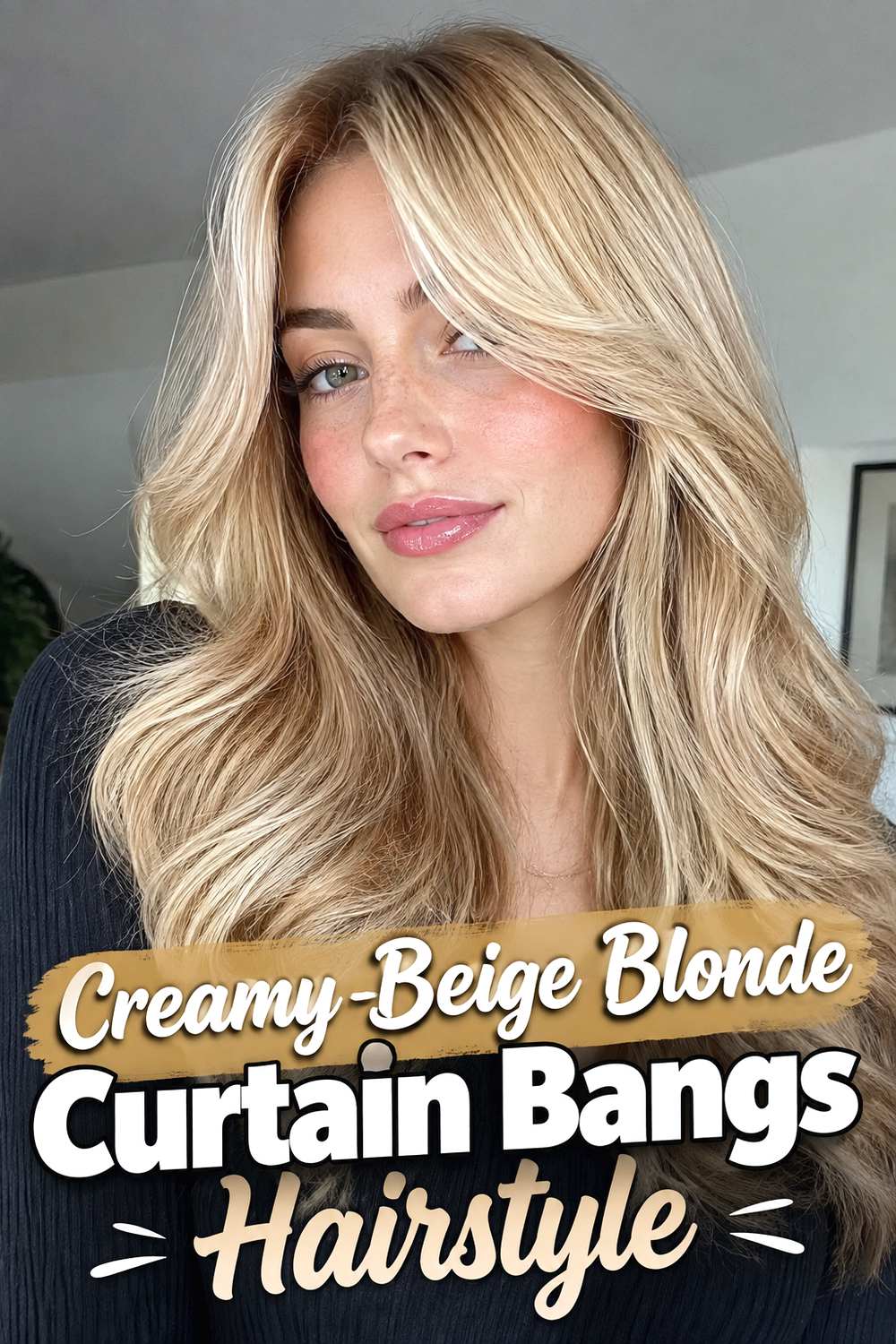 Creamy Beige Blonde Curtain Bangs Hairstyle