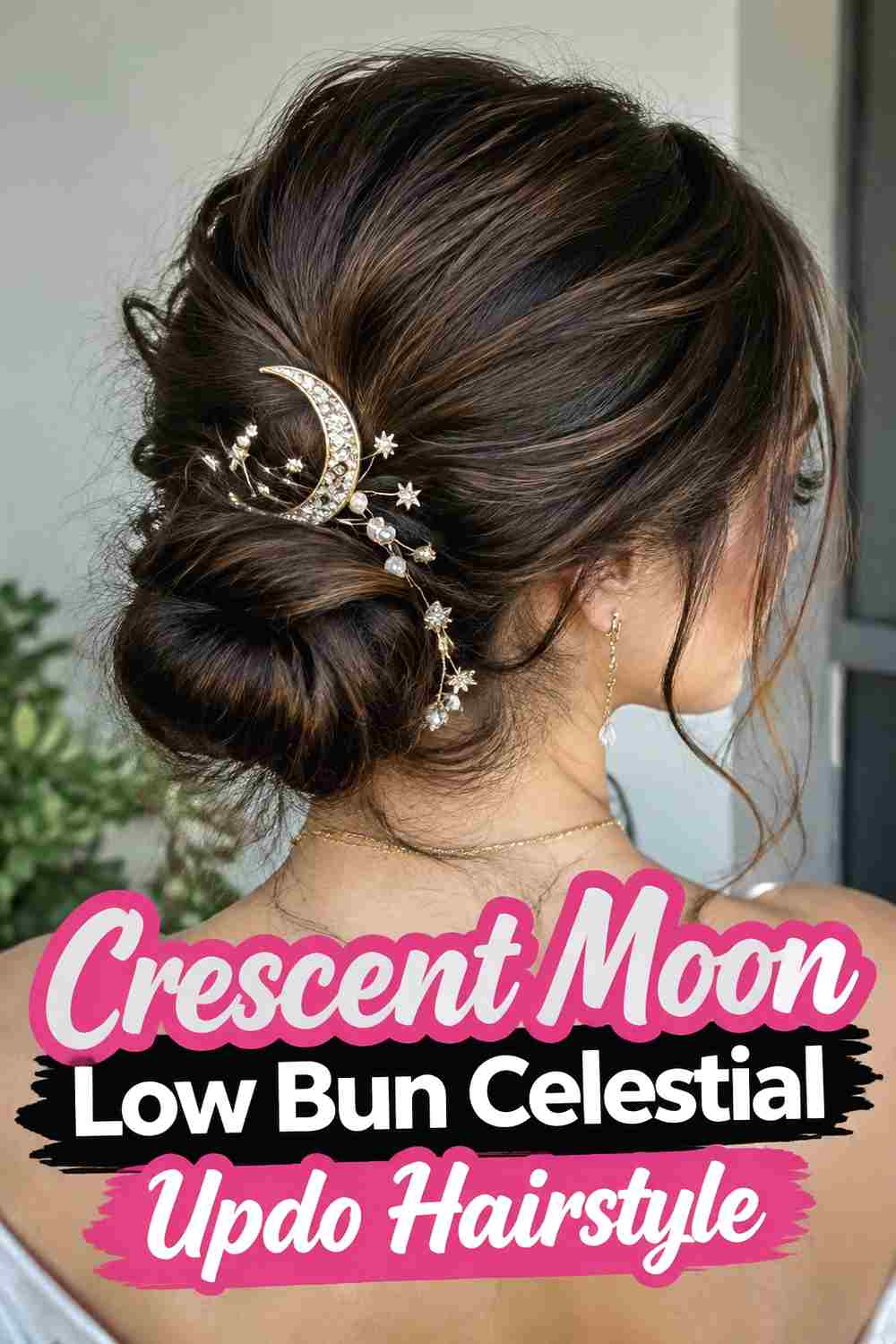 2. Crescent Moon Low Bun Celestial Updo Hairstyle