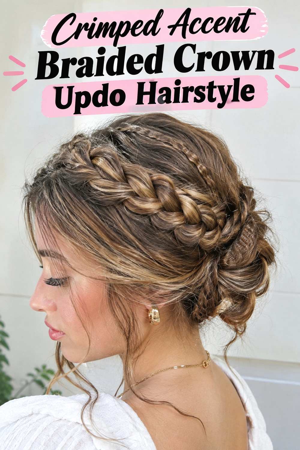 8. Crimped Accent Braided Crown Updo Hairstyle