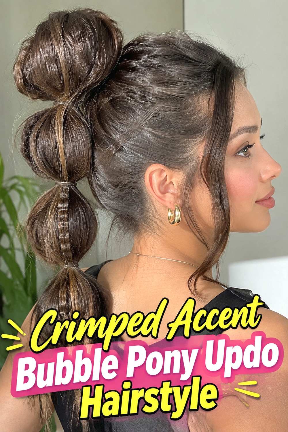 3. Crimped Accent Bubble Pony Updo Hairstyle