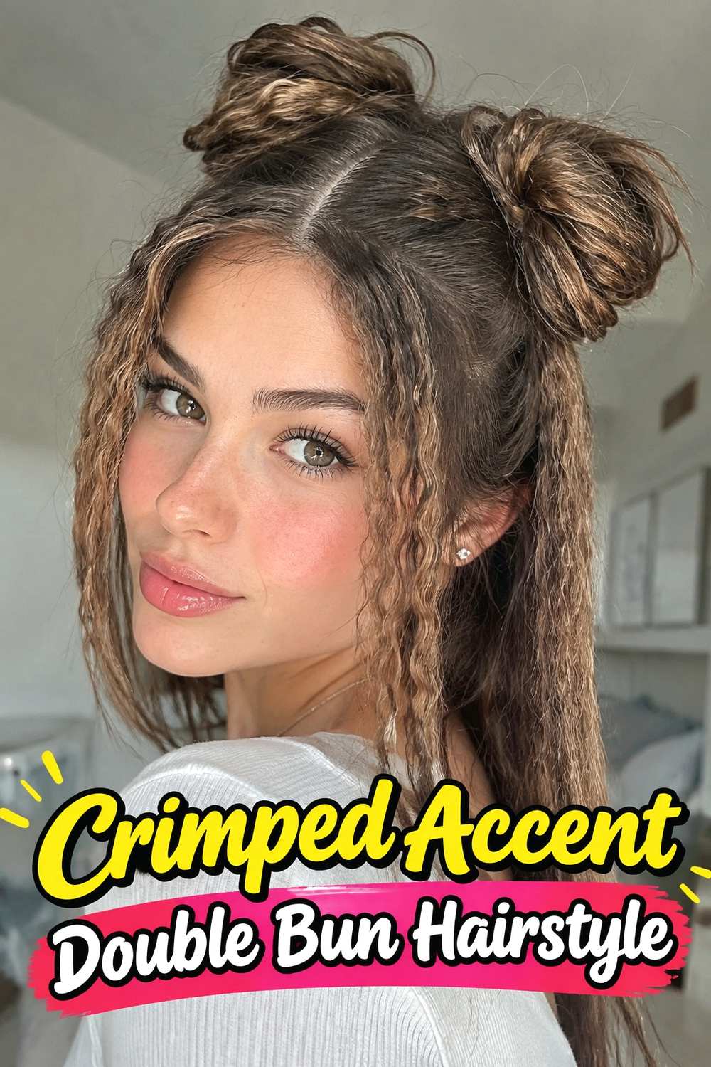 13. Crimped Accent Double Bun Hairstyle