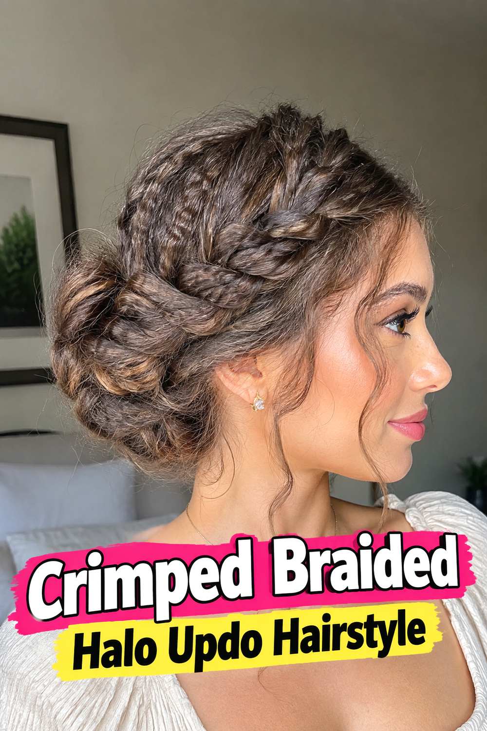 Crimped Braided Halo Updo Hairstyle