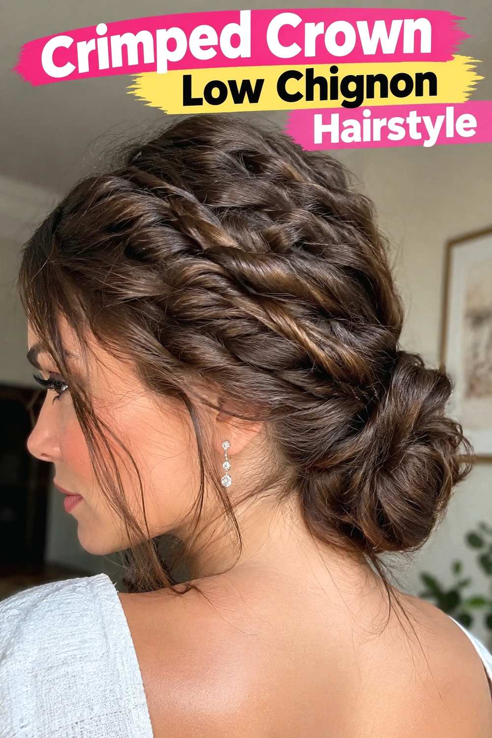 2. Crimped Crown Low Chignon Hairstyle