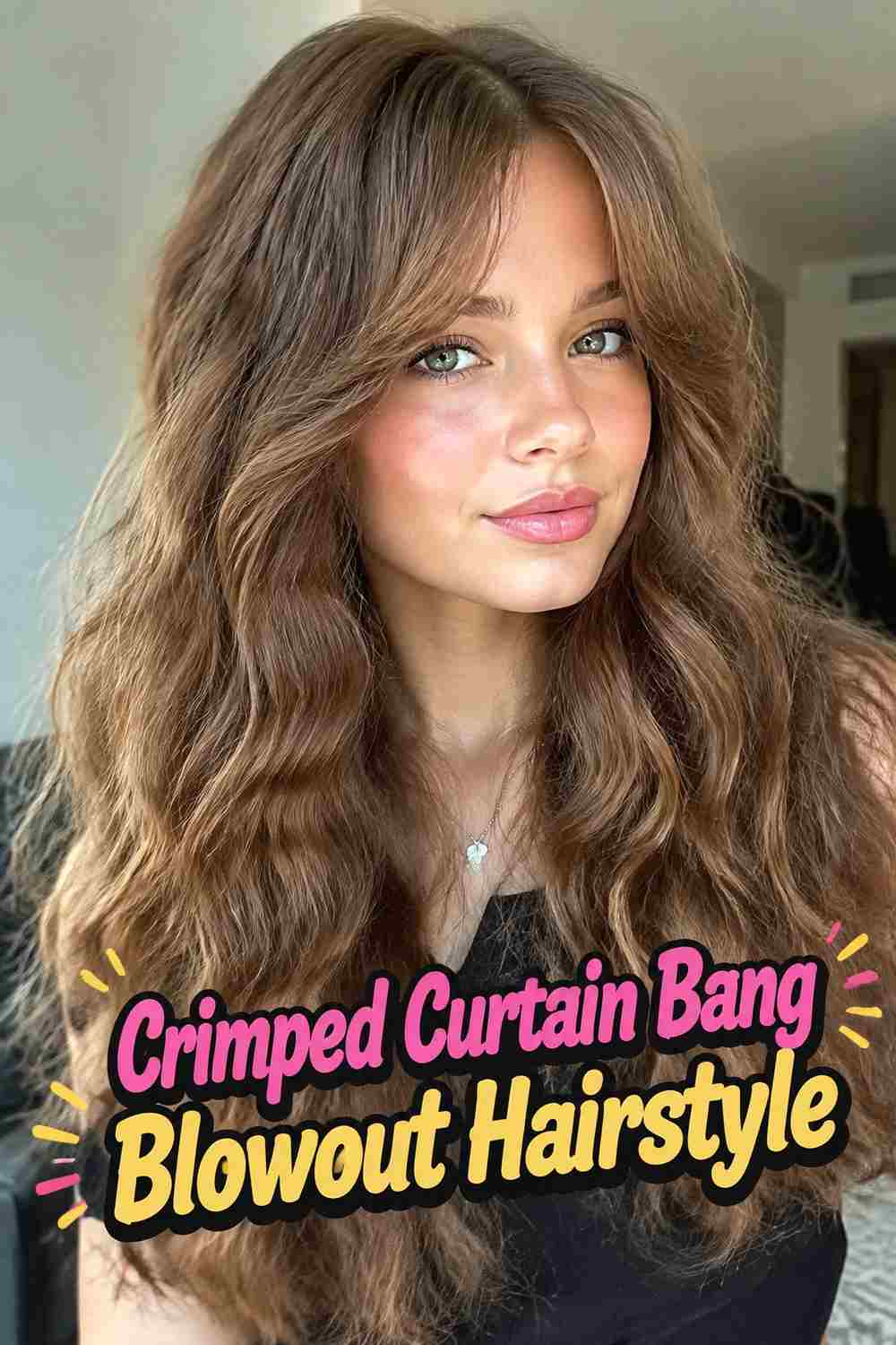 6. Crimped Curtain Bang Blowout Hairstyle