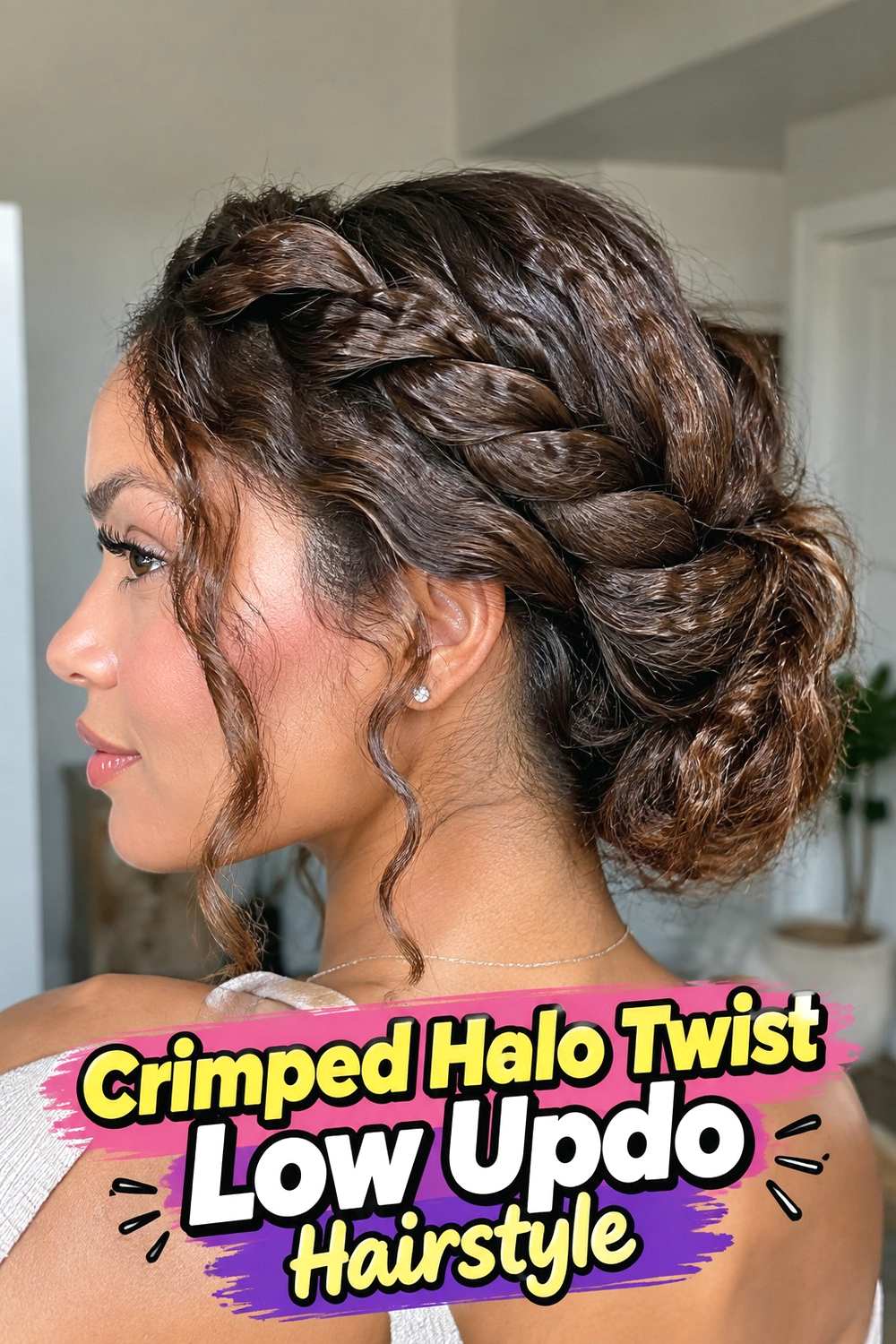 14. Crimped Halo Twist Low Updo Hairstyle