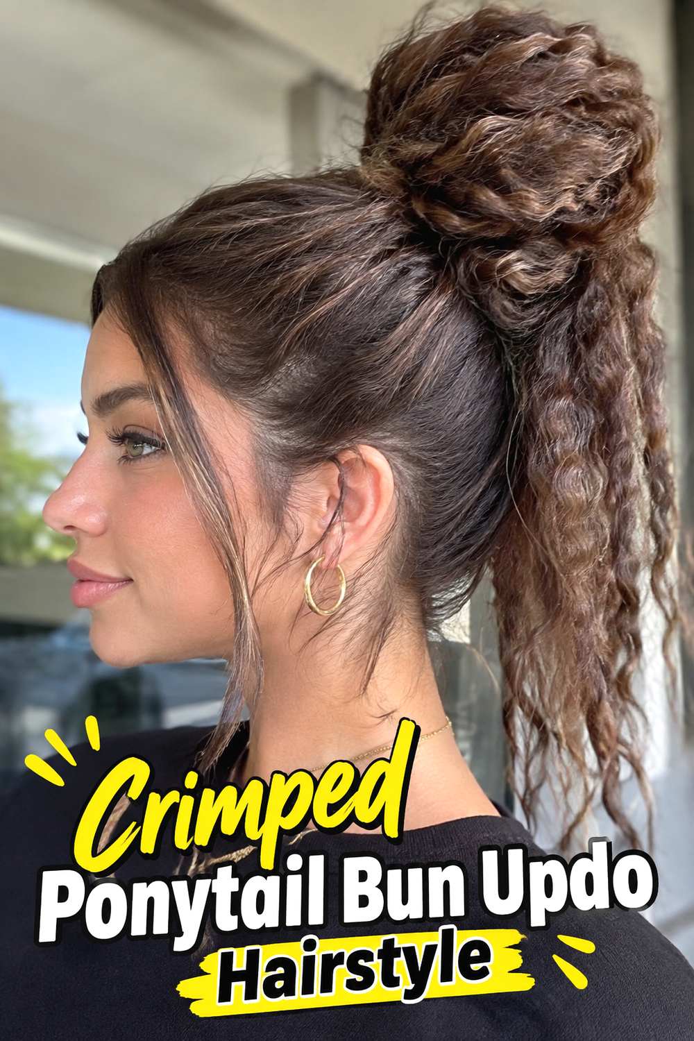 Crimped Ponytail Bun Updo Hairstyle