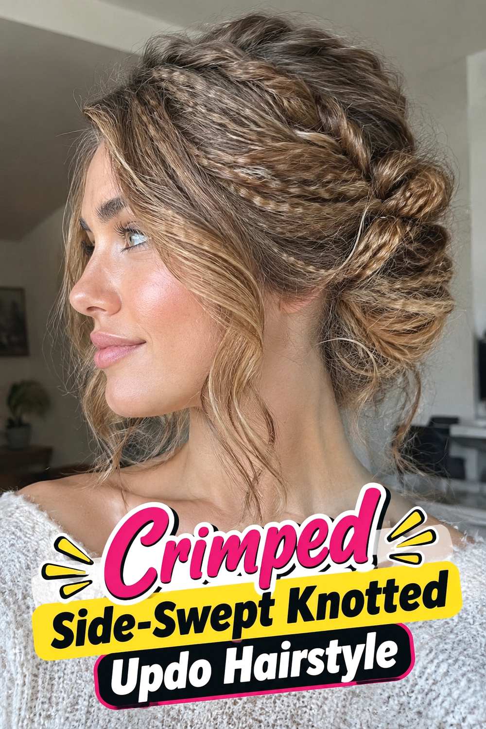 12. Crimped Side Swept Knotted Updo Hairstyle
