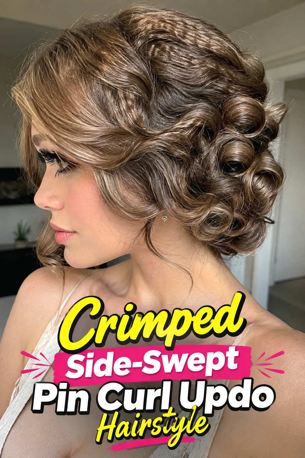 Crimped Side-Swept Pin Curl Updo Hairstyle