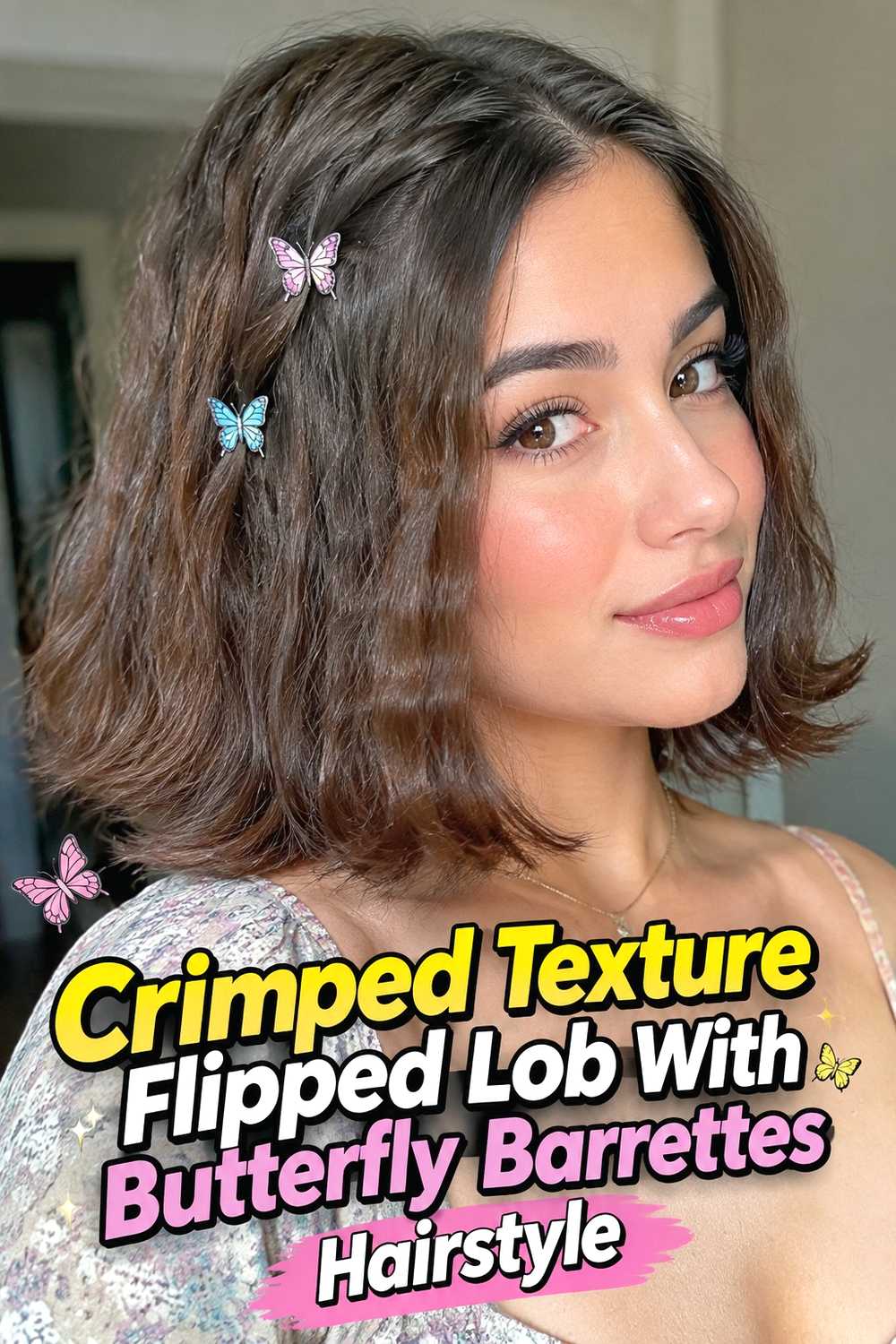 9. Crimped Texture Flipped Lob With Butterfly Barrettes Hairstyle