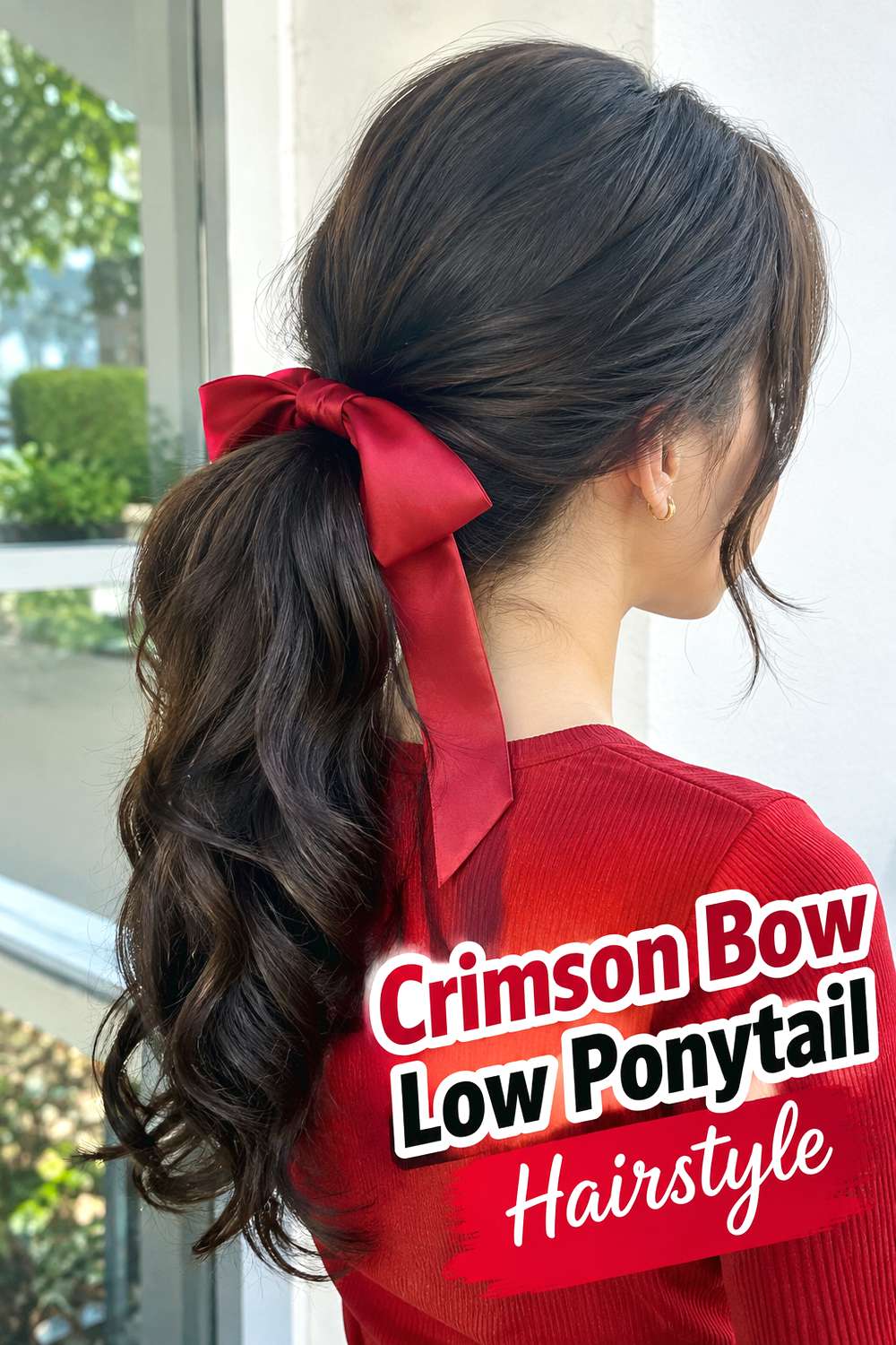 Crimson Bow Low Ponytail Hairstyle