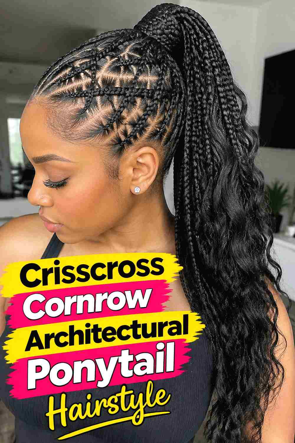 8. Crisscross Cornrow Architectural Ponytail Hairstyle