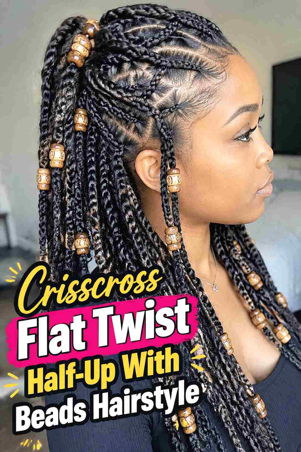 6. Crisscross Flat Twist Half Up With Beads Hairstyle