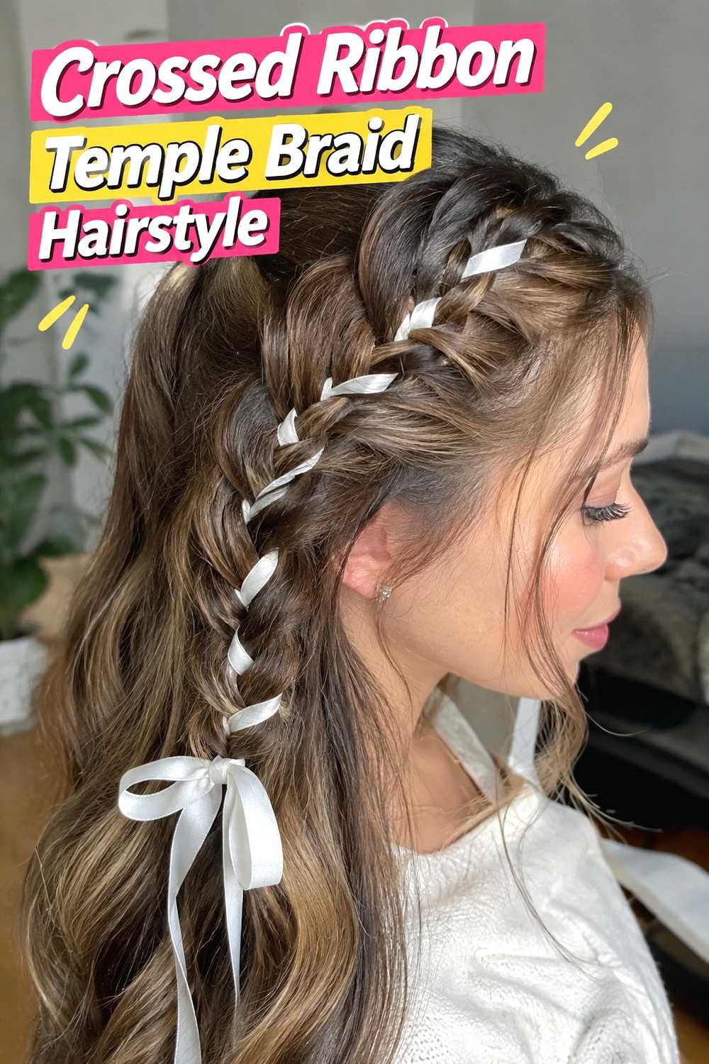 12. Crossed Ribbon Temple Braid Hairstyle