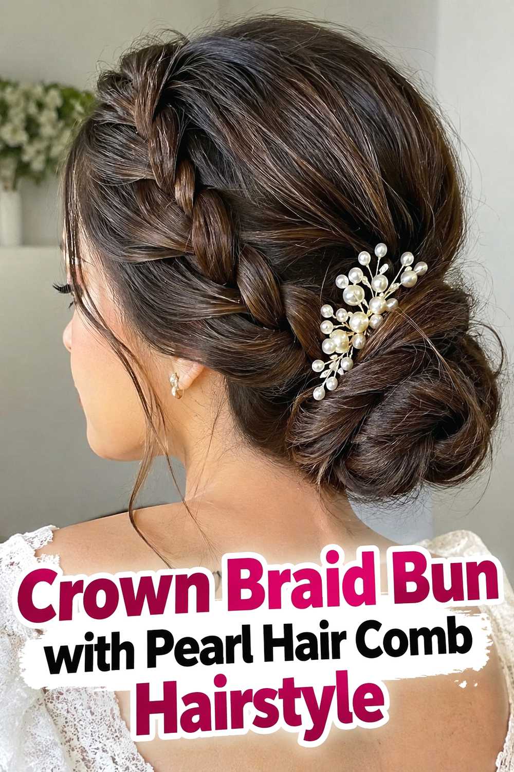 10. Crown Braid Bun With Pearl Hair Comb Hairstyle