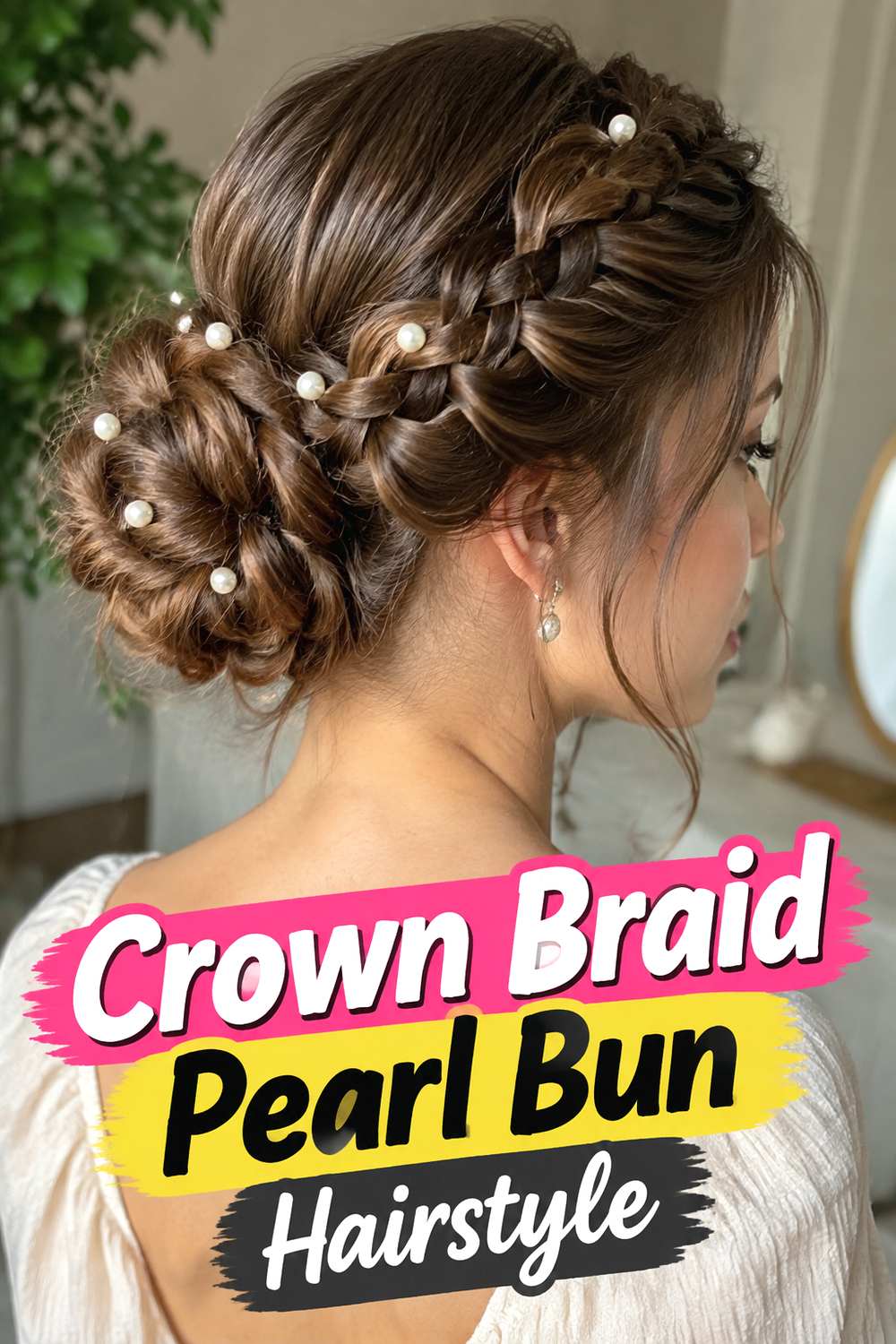Crown Braid Pearl Bun Hairstyle