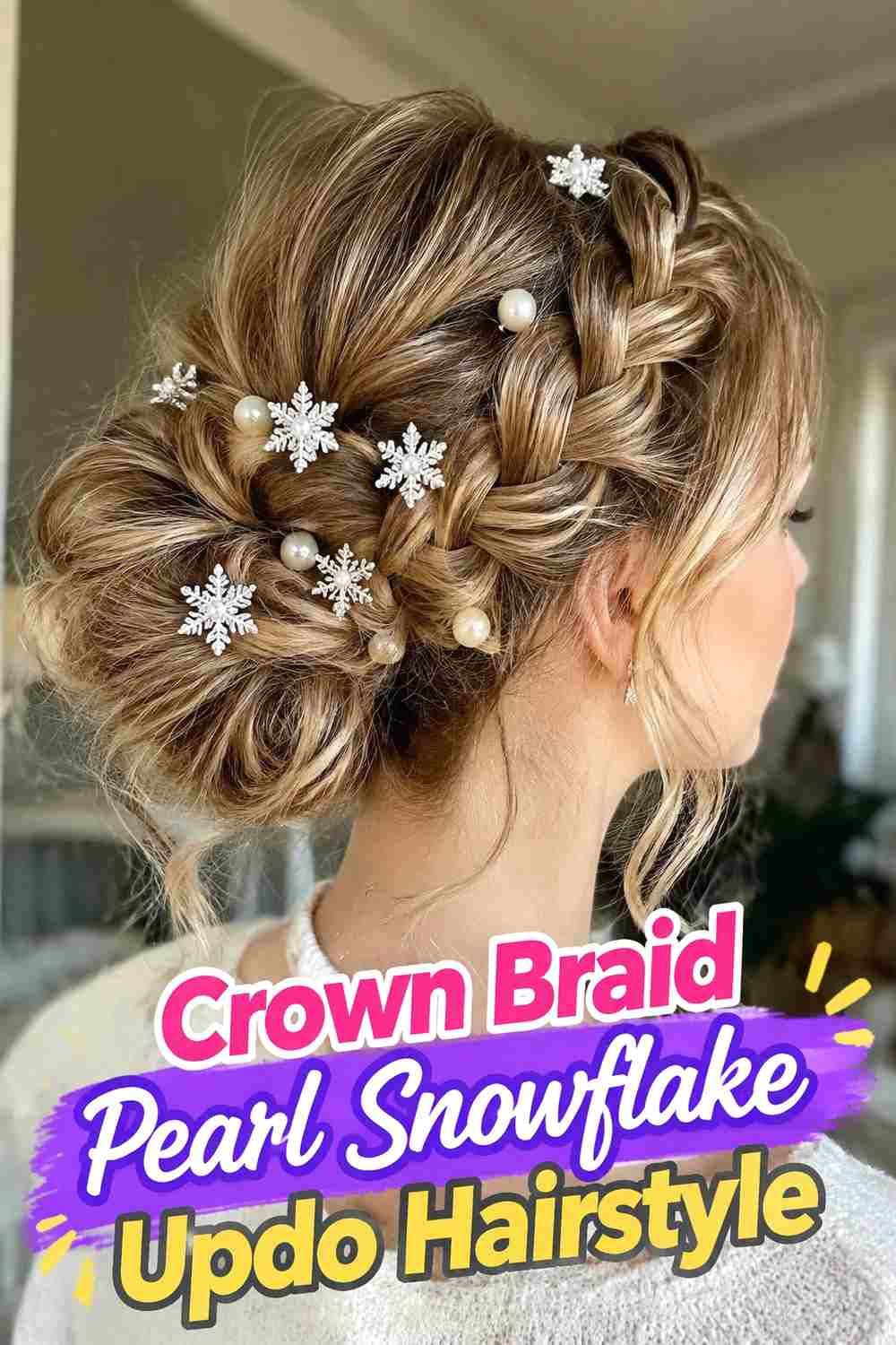 10. Crown Braid Pearl Snowflake Updo Hairstyle