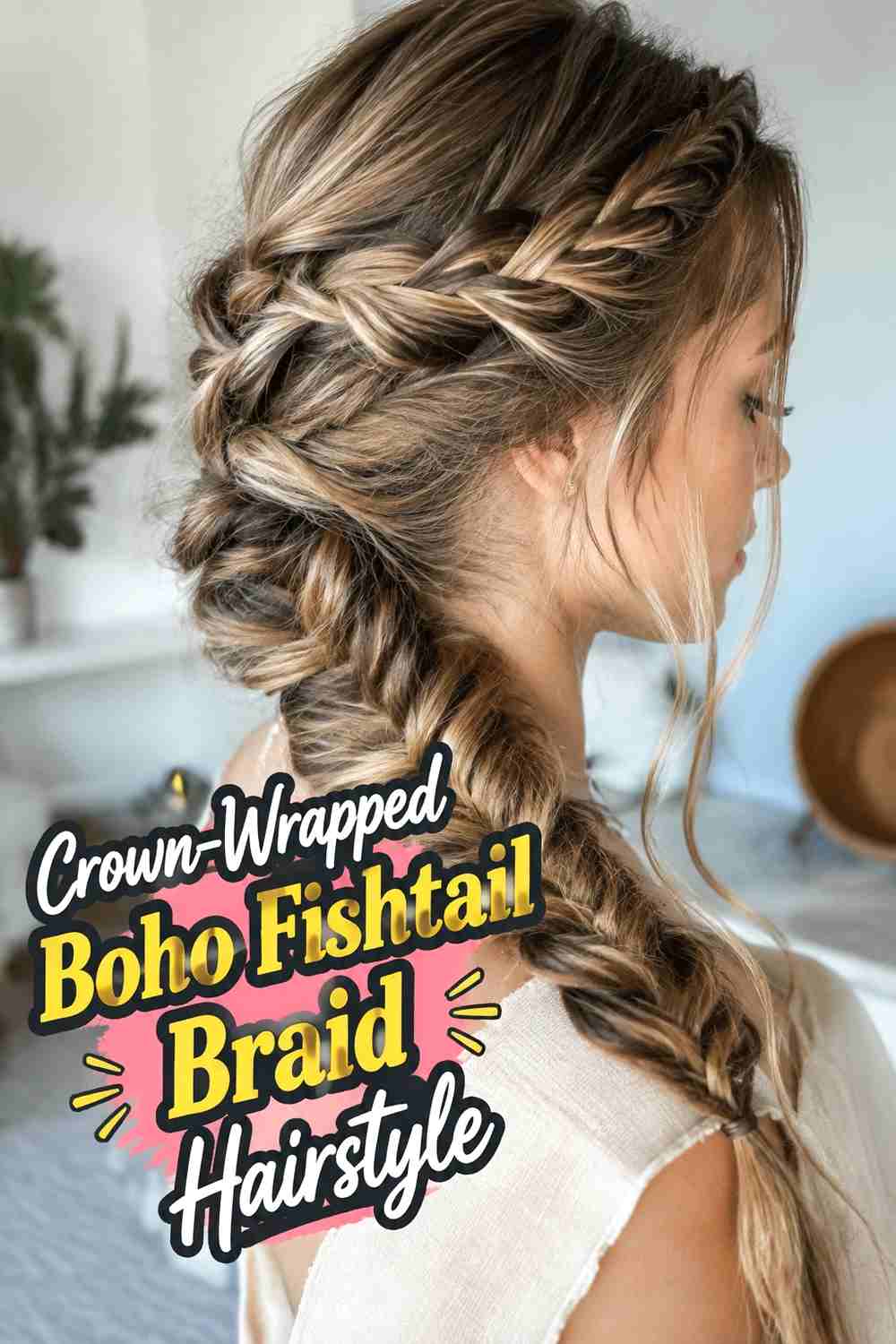 5. Crown Wrapped Boho Fishtail Braid Hairstyle