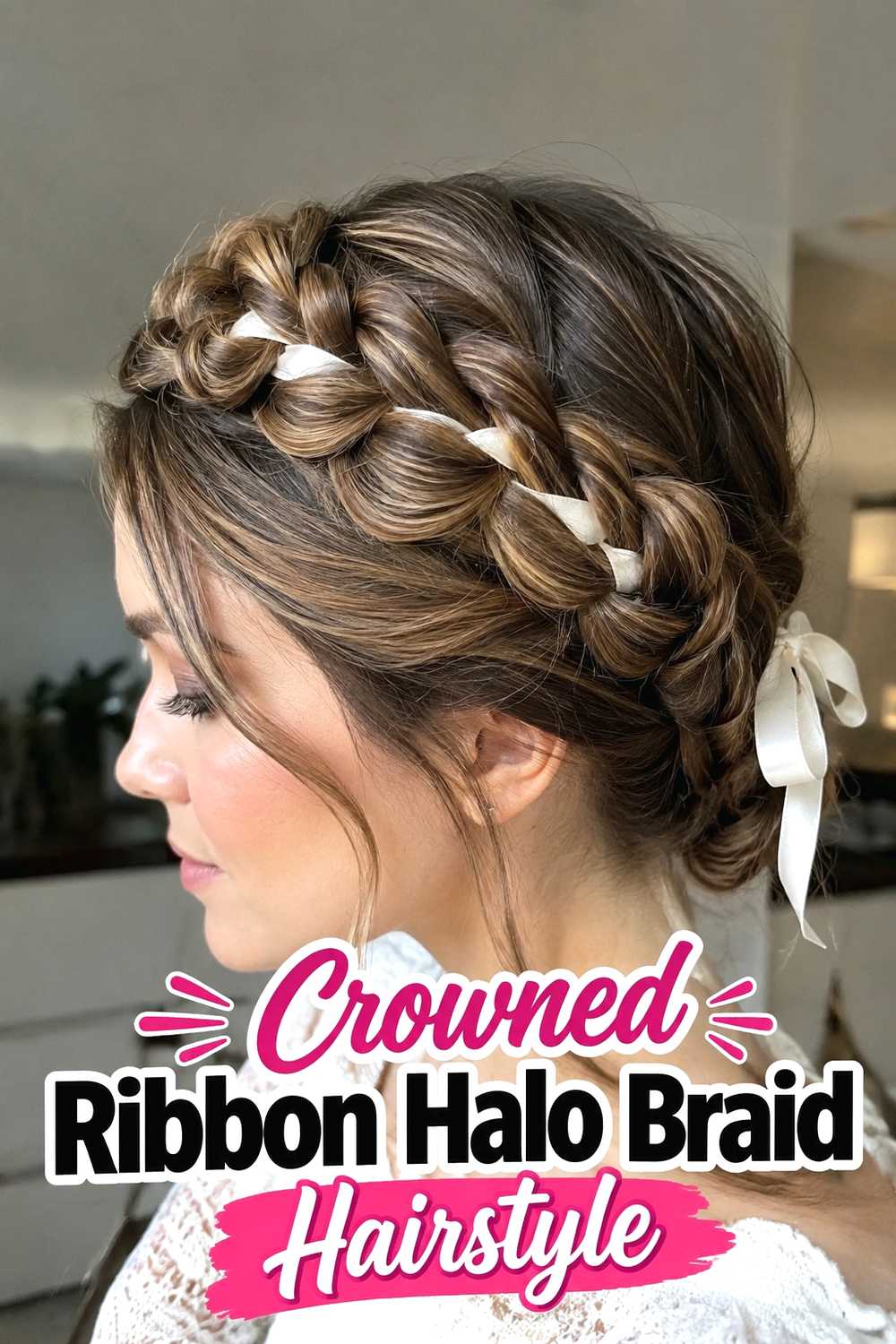 1. Crowned Ribbon Halo Braid Hairstyle