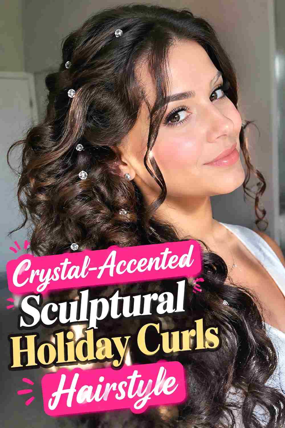 10. Crystal Accented Sculptural Holiday Curls Hairstyle