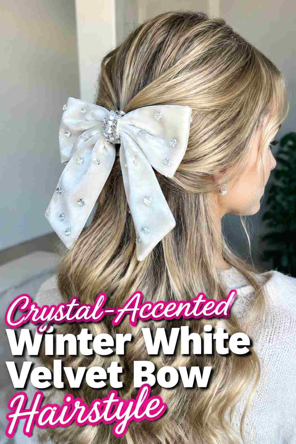 18. Crystal Accented Winter White Velvet Bow Hairstyle