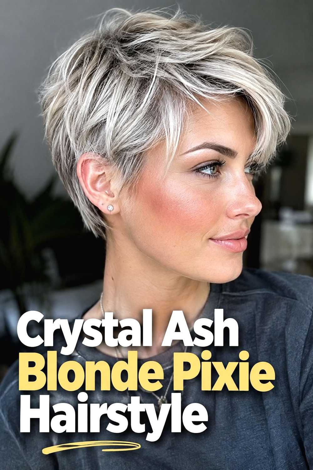 17. Crystal Ash Blonde Pixie Hairstyle