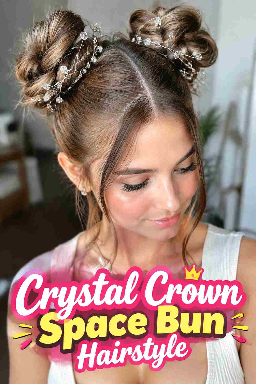 15. Crystal Crown Space Bun Hairstyle