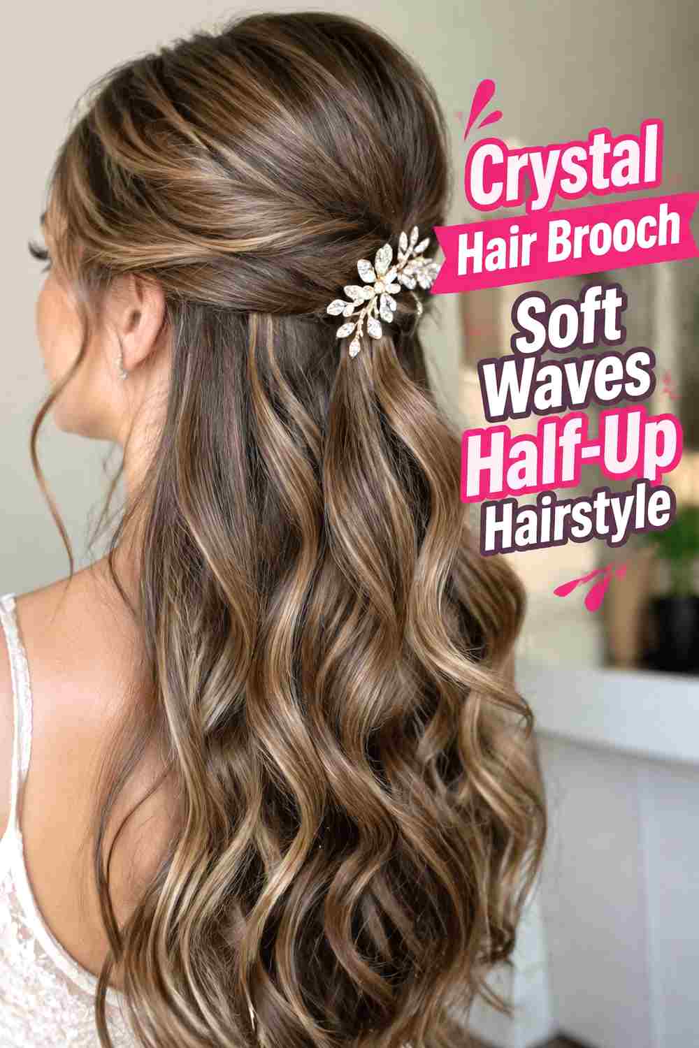 1. Crystal Hair Brooch Soft Waves Half Up Hairstyle