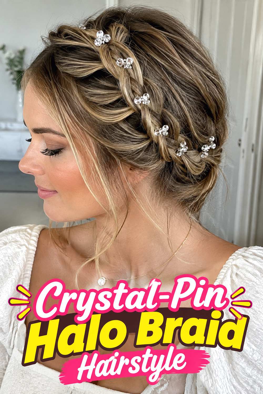 Crystal-Pin Halo Braid Hairstyle